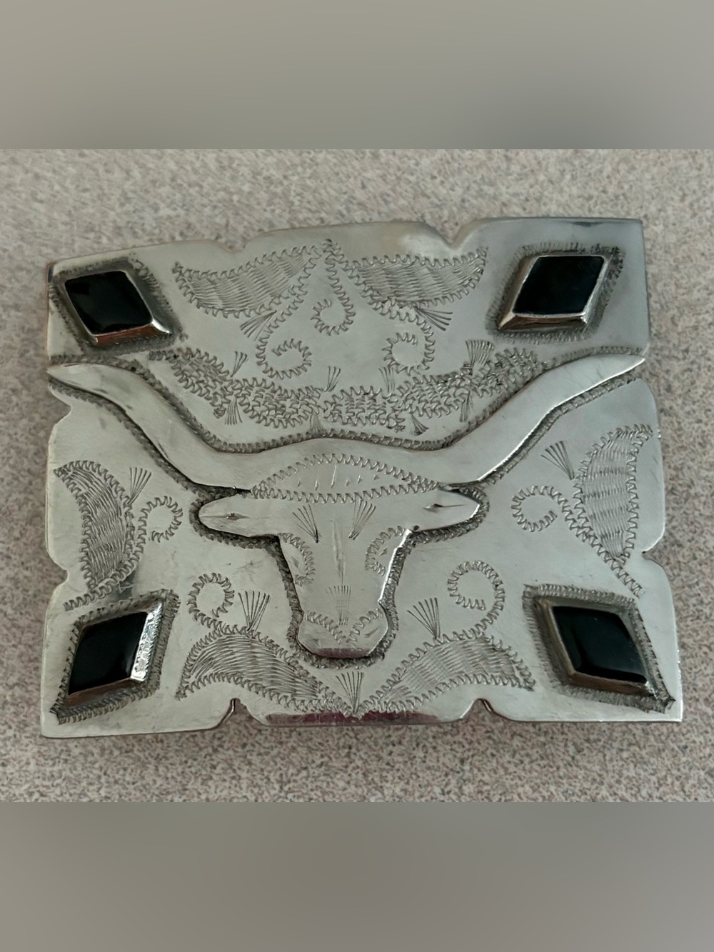 🇨🇱Silver Tone Western Longhorn Buckle Accent with Black Inlays